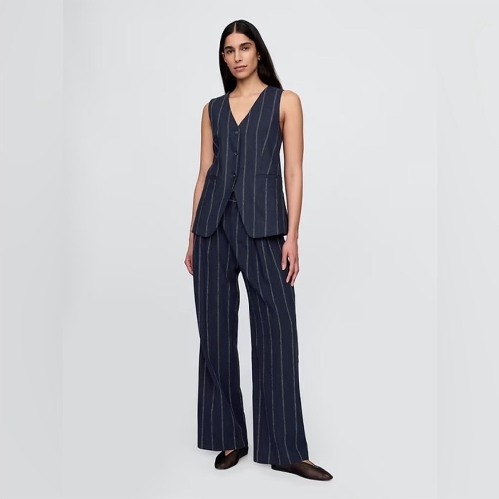 NWT! GAP Navy Blue Stripe 365 High Rise Linen-Cotton Trousers - Size 6 PETITE 🩷